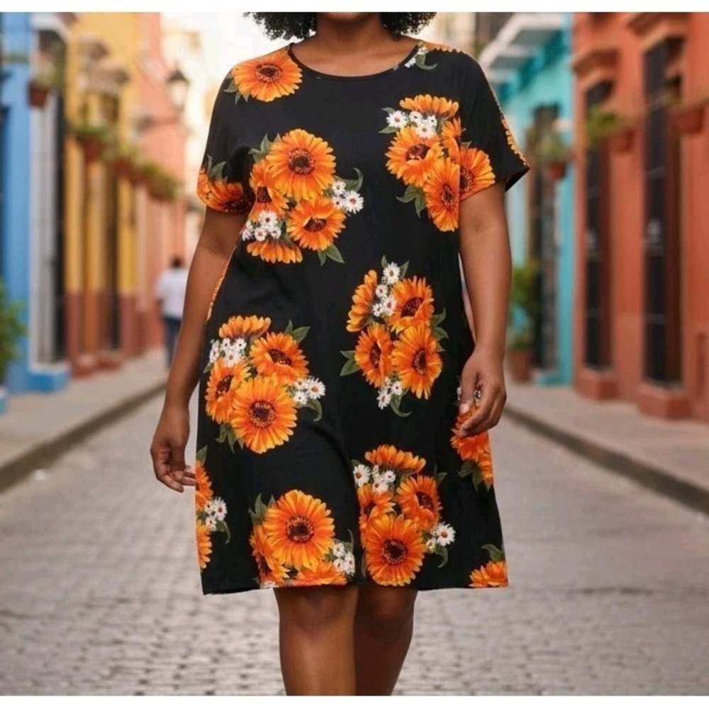 Marigold Daisy Floral Plus Size 3X Bright  Stretchy Soft‎ Dress with Pocket